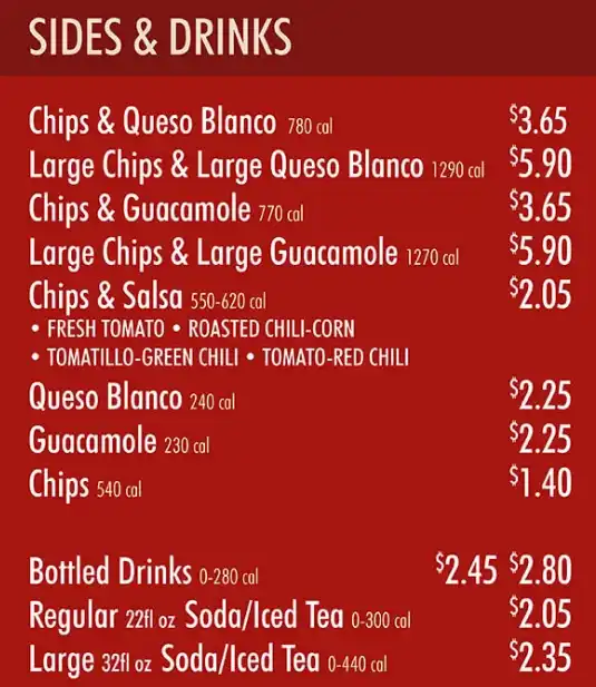 Chipotle Sides and Drinks Updated Prices