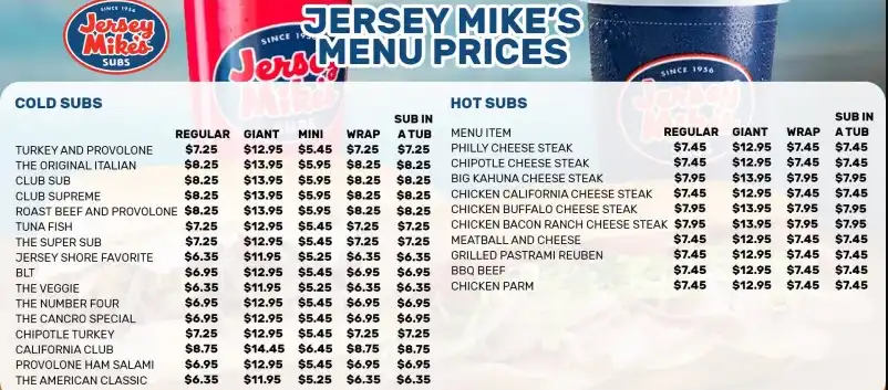 Jersey Mike’s Subs MENU PRICES USA UPDATED FEBRUARY 2024