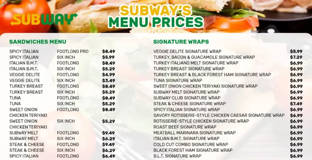 Subway USA MENU PRICES UPDATED FEBRUARY 2024