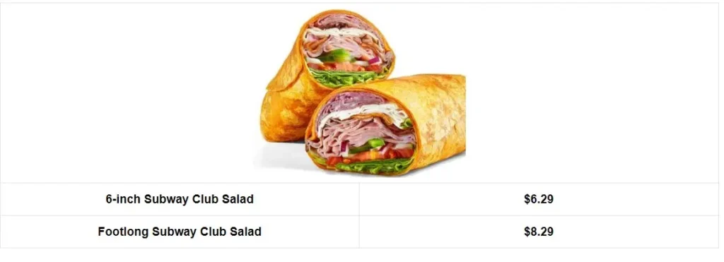 Subway Wraps Price List