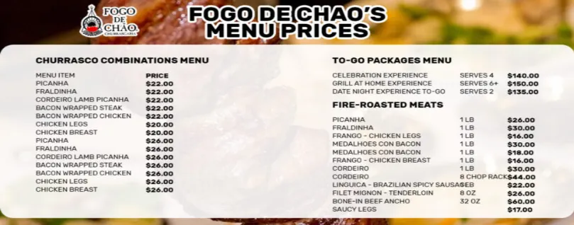 Fogo de Chão MENU PRICES USA