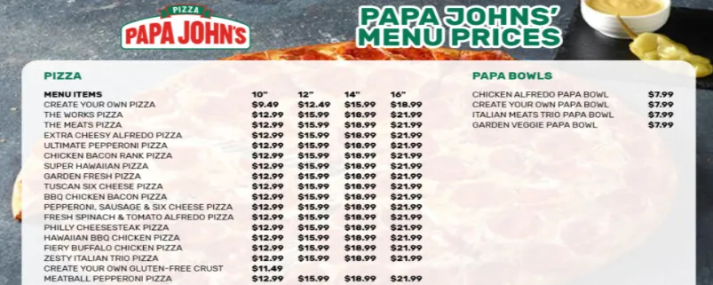 Papa Johns MENU PRICES USA 